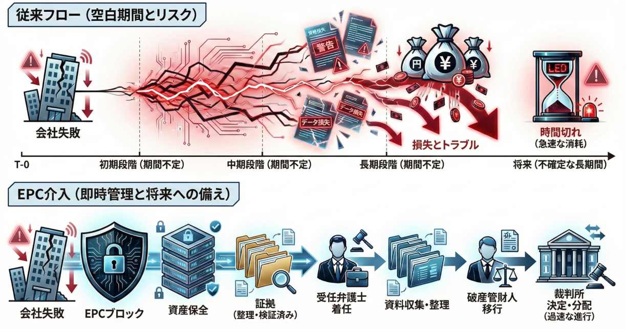 従来フローとEPC介入の比較タイムライン